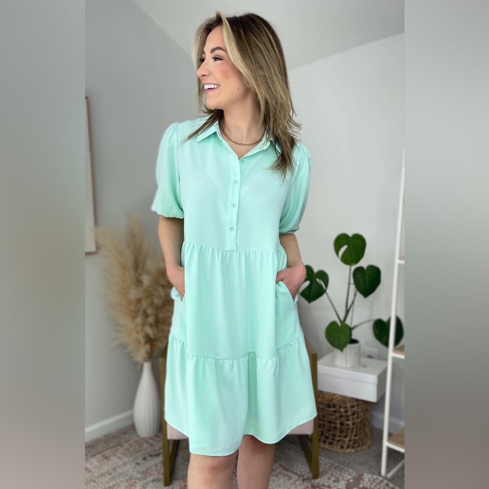 Amazon LookbookStore Babydoll Puff Sleeve Casual Shirt Dress, Small, Mint Green